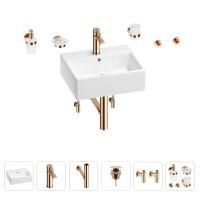 Раковина для ванной Wellsee Graceful Pro 201006679 в наборе 9 в 1: раковина белого глянцевого цвета, смеситель, сифон, донный клапан, угловые вентили, аксессуары (цвет набора розовое золото)
