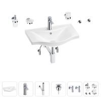 Раковина для ванной Wellsee Bisou 201007266 в наборе 9 в 1: раковина белого глянцевого цвета, смеситель, сифон, донный клапан, угловые вентили, аксессуары (цвет набора хром)