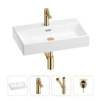 Раковина для ванной Wellsee Graceful Pro 201002958 в наборе 4 в 1: раковина белого глянцевого цвета, смеситель, сифон, донный клапан (цвет набора золото)
