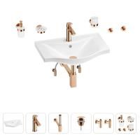 Раковина для ванной Wellsee Bisou 201007264 в наборе 9 в 1: раковина белого глянцевого цвета, смеситель, сифон, донный клапан, угловые вентили, аксессуары (цвет набора розовое золото)
