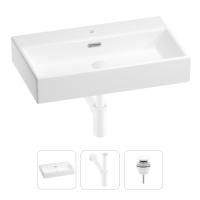 Раковина для ванной Wellsee Graceful Pro 201001355 в наборе 3 в 1: прямоугольная раковина белого глянцевого цвета, сифон, донный клапан в цвете матовый белый