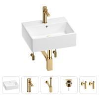 Раковина для ванной Wellsee Graceful Pro 201004593 в наборе 5 в 1: раковина белого глянцевого цвета, смеситель, сифон, донный клапан, угловые вентили (цвет набора золото)