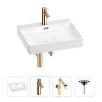 Раковина для ванной Wellsee DeSire 201003849 в наборе 4 в 1: раковина белого глянцевого цвета, смеситель, сифон, выпуск (цвет набора розовое золото)