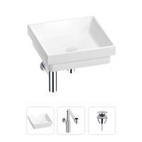 Раковина для ванной Wellsee Doux 201001121 в наборе 3 в 1: квадратная раковина белого глянцевого цвета, сифон, донный клапан в цвете хром