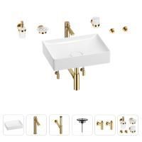 Раковина для ванной Wellsee Pure BY Wellsee 201006418 в наборе 9 в 1: раковина белого глянцевого цвета, высокий смеситель, сифон, выпуск, угловые вентили, аксессуары (цвет золото)
