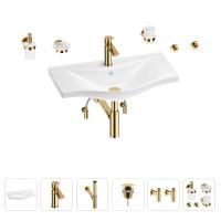 Раковина для ванной Wellsee Bisou 201007383 в наборе 9 в 1: раковина белого глянцевого цвета, смеситель, сифон, донный клапан, угловые вентили, аксессуары (цвет набора золото)