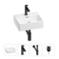 Раковина для ванной Wellsee Graceful Pro 201002852 в наборе 4 в 1: раковина белого глянцевого цвета, смеситель, сифон, донный клапан (цвет набора матовый черный)