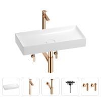 Раковина для ванной Wellsee Pure BY Wellsee 201004459 в наборе 5 в 1: раковина белого глянцевого цвета, высокий смеситель, сифон, выпуск, угловые вентили (цвет набора розовое золото)