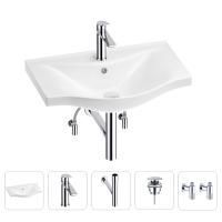 Раковина для ванной Wellsee Bisou 201005246 в наборе 5 в 1: раковина белого глянцевого цвета, смеситель, сифон, донный клапан, угловые вентили (цвет набора хром)