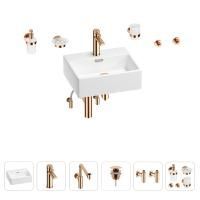 Раковина для ванной Wellsee Graceful Pro 201006649 в наборе 9 в 1: раковина белого глянцевого цвета, смеситель, сифон, донный клапан, угловые вентили, аксессуары (цвет набора розовое золото)