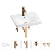 Раковина для ванной Wellsee FreeDom 201004749 в наборе 5 в 1: раковина белого глянцевого цвета, смеситель, сифон, донный клапан, угловые вентили (цвет набора розовое золото)