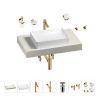 Раковина 50 см со столешницей 80 см Wellsee Pure BY Wellsee 201011078 в наборе 10 в 1: столешница, раковина, высокий смеситель, сифон, выпуск, кран-вентили, аксессуары (цвет золото)