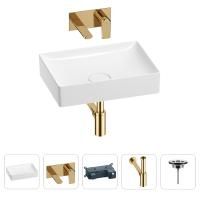 Раковина для ванной Wellsee Pure BY Wellsee 201002613 в наборе 4 в 1: раковина белого глянцевого цвета, встраиваемый смеситель, сифон, выпуск (цвет набора золото)