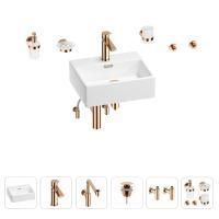 Раковина для ванной Wellsee Graceful Pro 201006644 в наборе 9 в 1: раковина белого глянцевого цвета, смеситель, сифон, донный клапан, угловые вентили, аксессуары (цвет набора розовое золото)