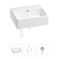 Раковина для ванной Wellsee Graceful Pro 201001350 в наборе 3 в 1: прямоугольная раковина белого глянцевого цвета, сифон, донный клапан в цвете матовый белый