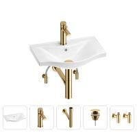 Раковина для ванной Wellsee Bisou 201005053 в наборе 5 в 1: раковина белого глянцевого цвета, смеситель, сифон, донный клапан, угловые вентили (цвет набора золото)
