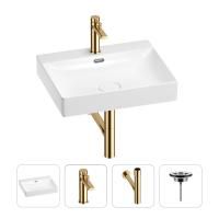 Раковина для ванной Wellsee DeSire 201003828 в наборе 4 в 1: раковина белого глянцевого цвета, смеситель, сифон, выпуск (цвет набора золото)