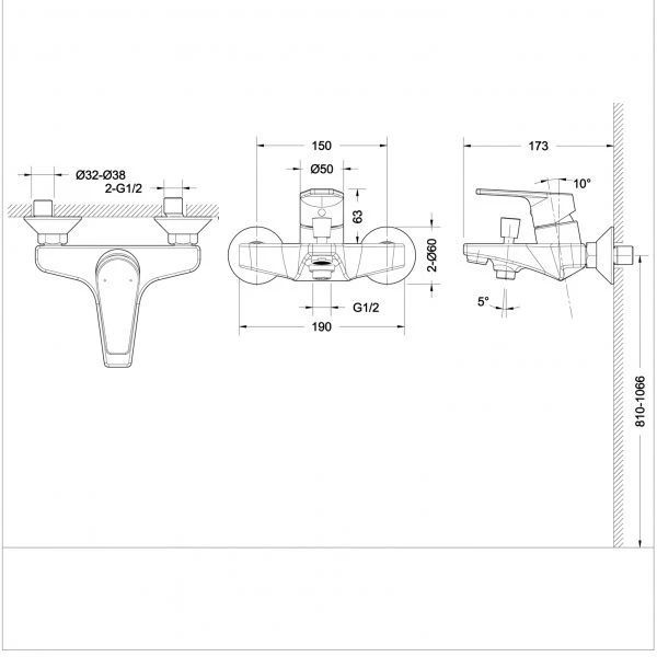 Смеситель для ванны Bravat Line, черный F65299BM-B-RUS