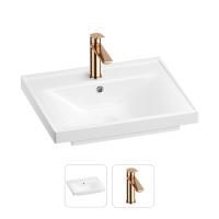 Раковина для ванной Wellsee FreeDom 201000829 в наборе 2 в 1: прямоугольная раковина белого глянцевого цвета, смеситель в цвете розовое золото