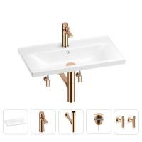 Раковина для ванной Wellsee FreeDom 201004954 в наборе 5 в 1: раковина белого глянцевого цвета, смеситель, сифон, донный клапан, угловые вентили (цвет набора розовое золото)