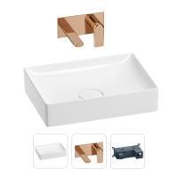 Раковина для ванной Wellsee Pure BY Wellsee 201000729 в наборе 2 в 1: прямоугольная раковина белого глянцевого цвета, встраиваемый смеситель в цвете розовое золото