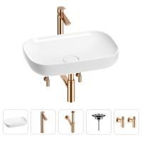Раковина для ванной Wellsee Croquis 201003984 в наборе 5 в 1: раковина белого глянцевого цвета, высокий смеситель, сифон, выпуск, угловые вентили (цвет набора розовое золото)