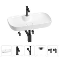 Раковина для ванной Wellsee Croquis 2.0 201004117 в наборе 5 в 1: раковина белого глянцевого цвета, смеситель, сифон, выпуск, угловые вентили (цвет набора матовый черный)