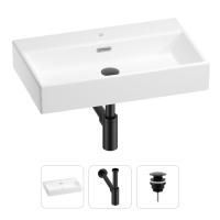 Раковина для ванной Wellsee Graceful Pro 201001352 в наборе 3 в 1: прямоугольная раковина белого глянцевого цвета, сифон, донный клапан в цвете матовый черный