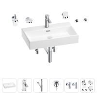 Раковина для ванной Wellsee Graceful Pro 201006731 в наборе 9 в 1: раковина белого глянцевого цвета, смеситель, сифон, донный клапан, угловые вентили, аксессуары (цвет набора хром)