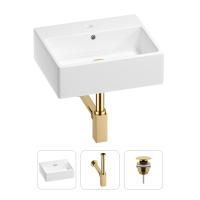 Раковина для ванной Wellsee Graceful Pro 201001333 в наборе 3 в 1: прямоугольная раковина белого глянцевого цвета, сифон, донный клапан в цвете золото