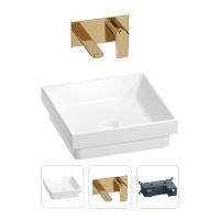 Раковина для ванной Wellsee Doux 201000643 в наборе 2 в 1: квадратная раковина белого глянцевого цвета, встраиваемый смеситель в цвете золото