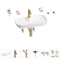 Раковина для ванной Wellsee Croquis 2.0 201005834 в наборе 9 в 1: раковина белого глянцевого цвета, смеситель, сифон, выпуск, угловые вентили, аксессуары (цвет набора розовое золото)
