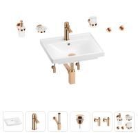 Раковина для ванной Wellsee FreeDom 201006819 в наборе 9 в 1: раковина белого глянцевого цвета, смеситель, сифон, донный клапан, угловые вентили, аксессуары (цвет набора розовое золото)