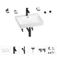 Раковина для ванной Wellsee DeSire 201007582 в наборе 9 в 1: раковина белого глянцевого цвета, смеситель, сифон, выпуск, угловые вентили, аксессуары (цвет набора матовый черный)