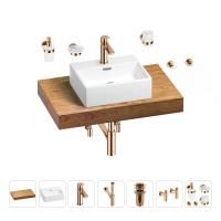 Раковина 43 см со столешницей 80 см Wellsee Graceful Pro 201012174 в наборе 10 в 1: столешница, раковина, смеситель, сифон, донный клапан, угловые вентили, аксессуары (цвет розовое золото)