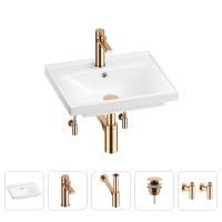 Раковина для ванной Wellsee FreeDom 201004734 в наборе 5 в 1: раковина белого глянцевого цвета, смеситель, сифон, донный клапан, угловые вентили (цвет набора розовое золото)