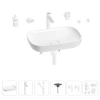 Раковина для ванной Wellsee Croquis 201005630 в наборе 9 в 1: раковина белого глянцевого цвета, высокий смеситель, сифон, выпуск, угловые вентили, аксессуары (цвет матовый белый)
