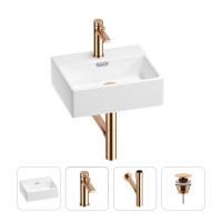 Раковина для ванной Wellsee Graceful Pro 201002879 в наборе 4 в 1: раковина белого глянцевого цвета, смеситель, сифон, донный клапан (цвет набора розовое золото)