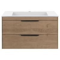 Тумба Vincea Chiara 2D 800 подвесная, 2 выкатных ящика soft-close, N.Oak с умывальником VCB-13800W из искусственного камня, цвет белый