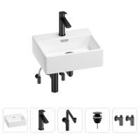 Раковина для ванной Wellsee Graceful Pro 201004567 в наборе 5 в 1: раковина белого глянцевого цвета, смеситель, сифон, донный клапан, угловые вентили (цвет набора матовый черный)
