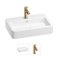 Раковина для ванной Wellsee Halcyon 201000758 в наборе 2 в 1: прямоугольная раковина белого глянцевого цвета, смеситель в цвете золото