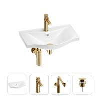 Раковина для ванной Wellsee Bisou 201003448 в наборе 4 в 1: раковина белого глянцевого цвета, смеситель, сифон, донный клапан (цвет набора золото)
