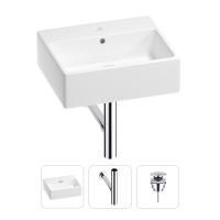 Раковина для ванной Wellsee Graceful Pro 201001336 в наборе 3 в 1: прямоугольная раковина белого глянцевого цвета, сифон, донный клапан в цвете хром