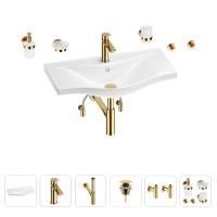 Раковина для ванной Wellsee Bisou 201007433 в наборе 9 в 1: раковина белого глянцевого цвета, смеситель, сифон, донный клапан, угловые вентили, аксессуары (цвет набора золото)