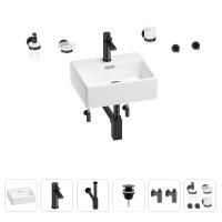 Раковина для ванной Wellsee Graceful Pro 201006617 в наборе 9 в 1: раковина белого глянцевого цвета, смеситель, сифон, донный клапан, угловые вентили, аксессуары (цвет набора матовый черный)