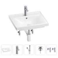 Раковина для ванной Wellsee FreeDom 201004841 в наборе 5 в 1: раковина белого глянцевого цвета, смеситель, сифон, донный клапан, угловые вентили (цвет набора хром)