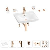 Раковина для ванной Wellsee FreeDom 201006879 в наборе 9 в 1: раковина белого глянцевого цвета, смеситель, сифон, донный клапан, угловые вентили, аксессуары (цвет набора розовое золото)