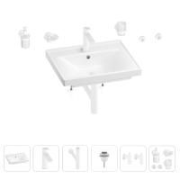 Раковина для ванной Wellsee FreeDom 201006925 в наборе 9 в 1: раковина белого глянцевого цвета, смеситель, сифон, донный клапан, угловые вентили, аксессуары (цвет набора матовый белый)