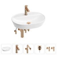 Раковина для ванной Wellsee Calin 201003944 в наборе 5 в 1: раковина белого глянцевого цвета, смеситель, сифон, донный клапан, угловые вентили (цвет набора розовое золото)