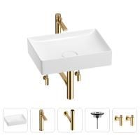 Раковина для ванной Wellsee Pure BY Wellsee 201004403 в наборе 5 в 1: раковина белого глянцевого цвета, высокий смеситель, сифон, выпуск, угловые вентили (цвет набора золото)